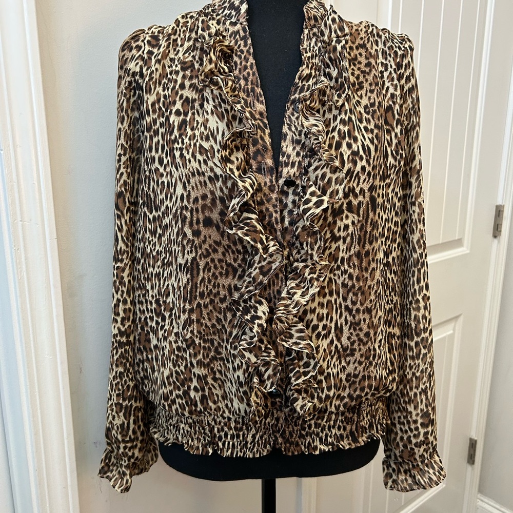 Cheetah Print Ruffle V Neck Long Sleeve Button‎ Down Blouse